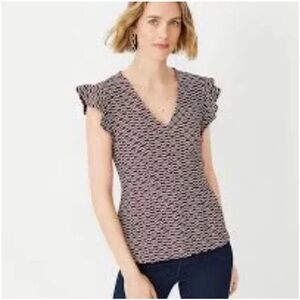 Ann Taylor Ruffle Sleeve Pelpum V-Neck - Purple and Cream